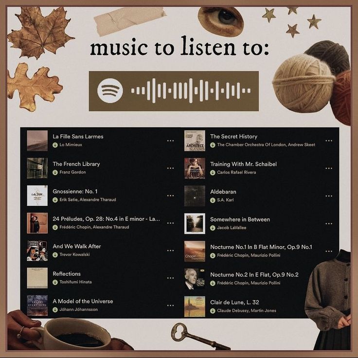 an advertisement for music to listen to on the computer screen, with images of people and leaves