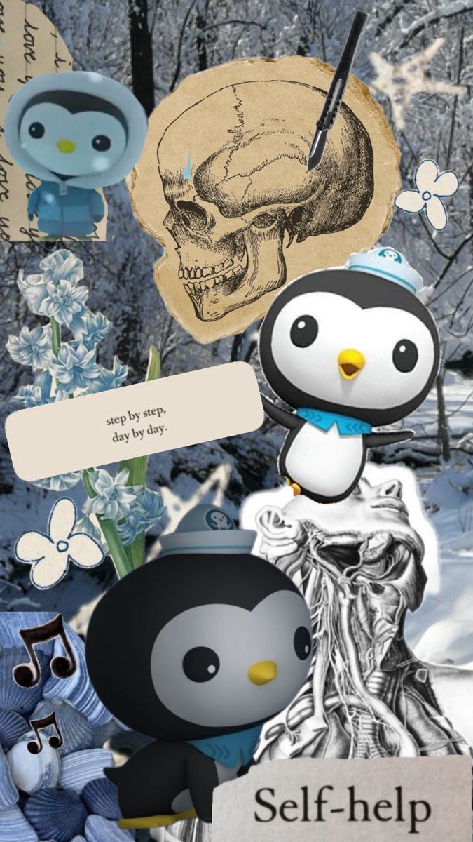 a collage of penguins and skulls is featured in this image with the caption'self help '