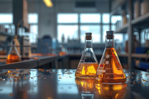 three flasks filled with liquid sitting on top of a table in a lab