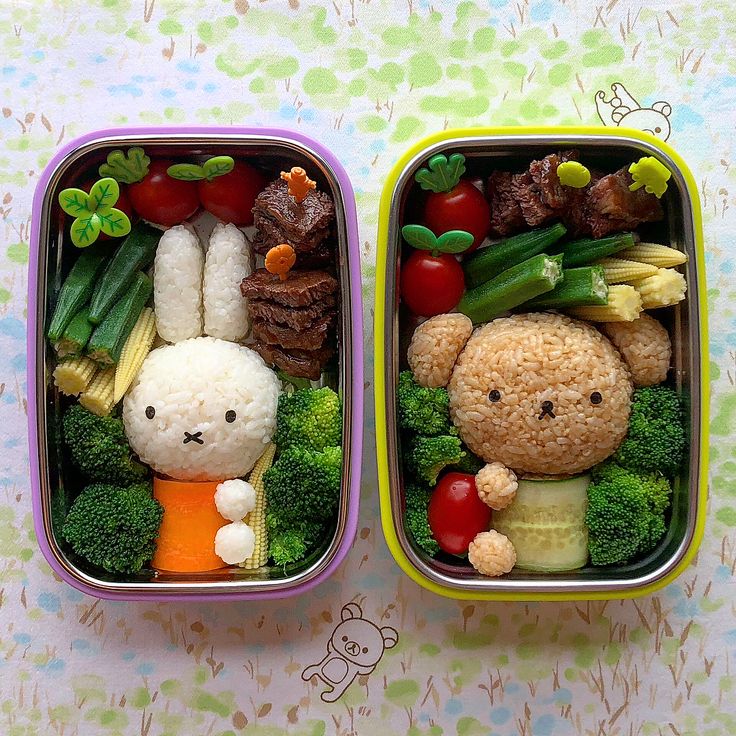 two bento boxes filled with vegetables, meat and veggies