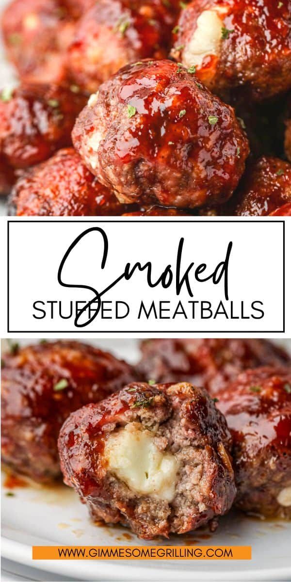 meatballs stuffed with cheese and marinara sauce are on a white plate next to the words, smoked stuffed meatballs