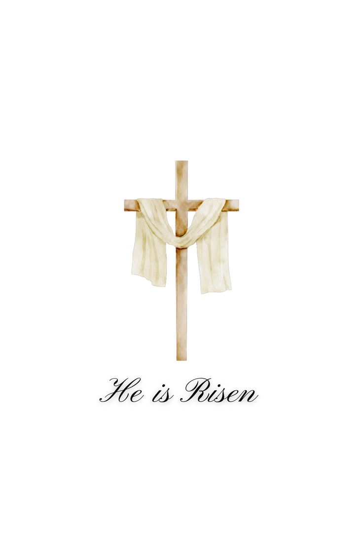 a cross with the words he is risen on it and an image of a cloth draped over it