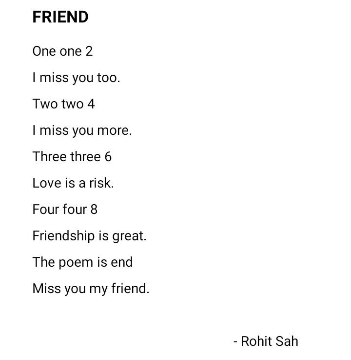 a poem written in black and white with the words friend, i miss you too