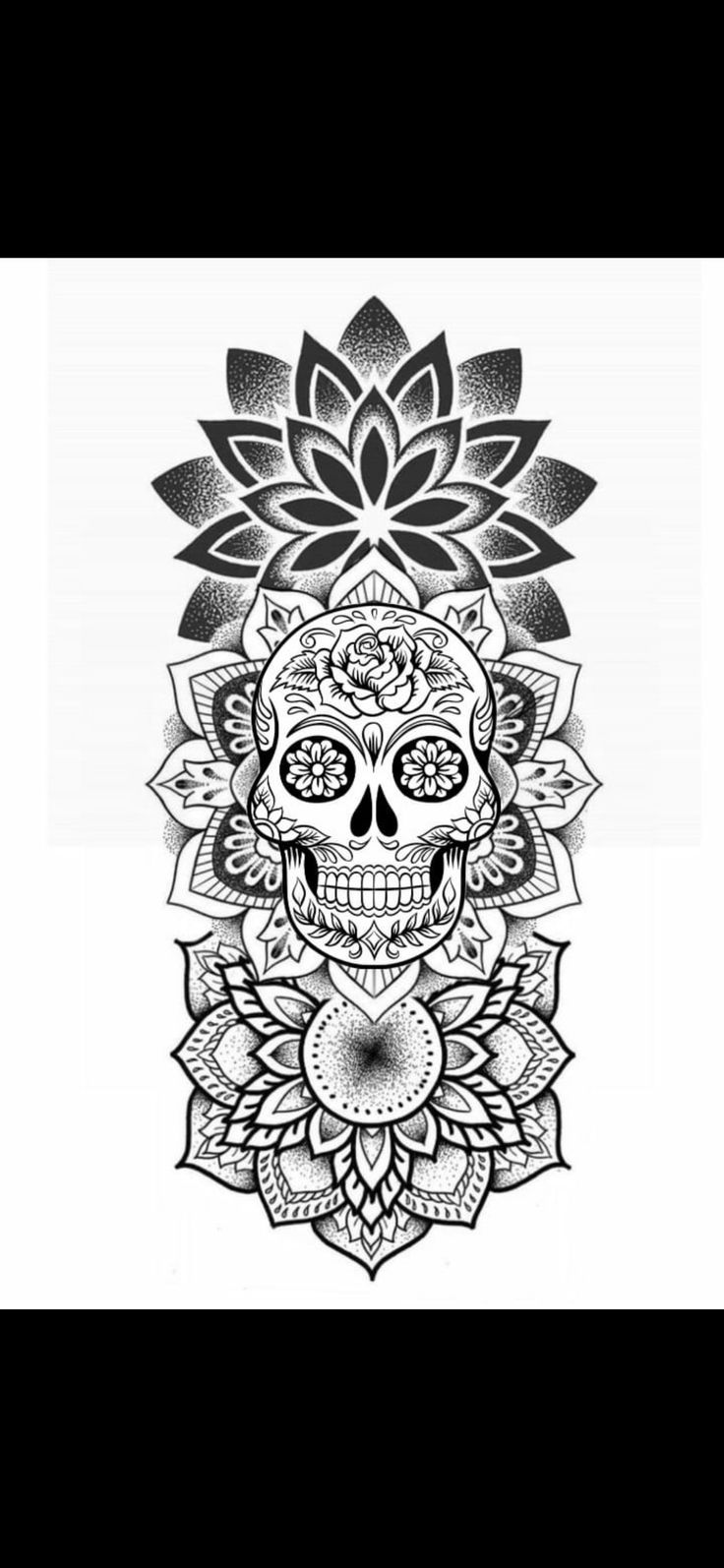 a black and white drawing of a skull with flowers