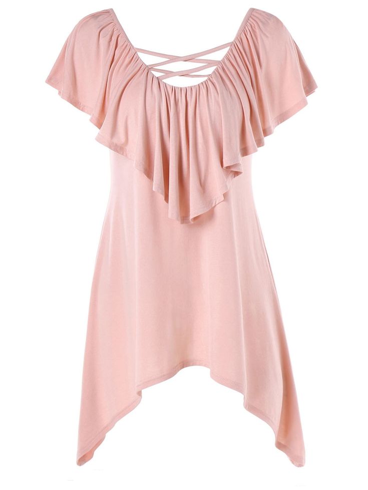 Criss Cross Ruffle Insert T-shirt - Light Pink - 3A81030512 - Women's Clothing, Dresses, Casual Dresses  #CasualDresses #Women's #Clothing # #Dresses # #Casual #Dresses Tops For Women Casual, Rayon Shirt, Ladies Tee Shirts, Street Style Chic, Casual Tops For Women, Fashion Seasons, Trendy Tshirts, Casual Street Style, Street Chic