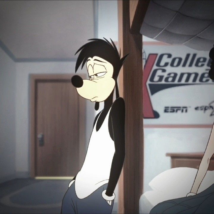 a cartoon character is standing in front of a college game sign