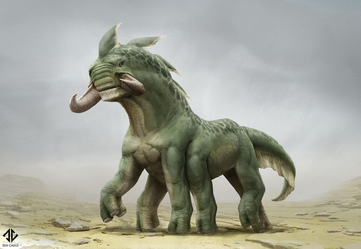 an artist's rendering of two dinosaurs standing in the desert with their mouths open