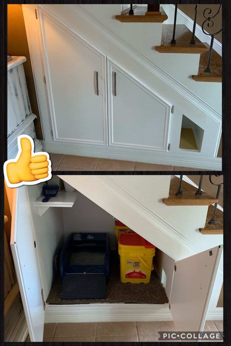 two pictures of the inside of a kitchen with stairs and cabinets on either side of it