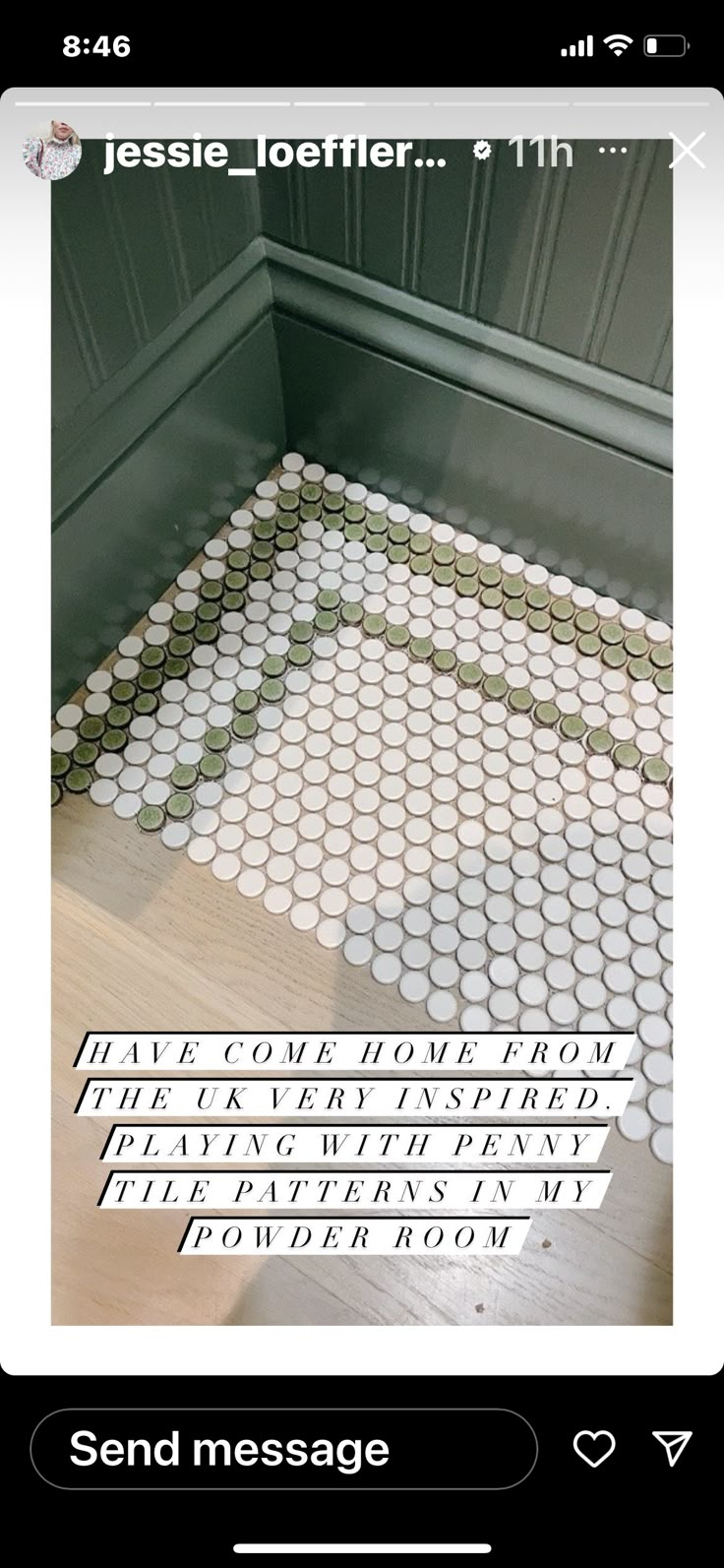 a bathroom floor made out of white and green tiles with the words send message on it