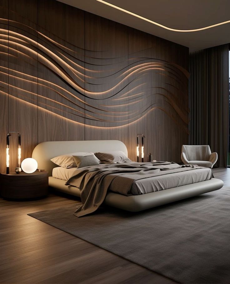 a large bed sitting in the middle of a bedroom next to a wall with waves on it