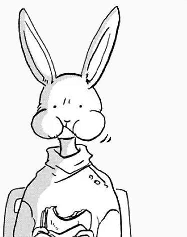 a drawing of a rabbit sitting in a chair with his head on the back of another bunny