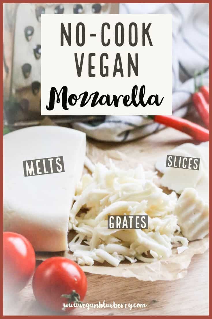 no - cook vegan mozzarella recipe on a cutting board with tomatoes and cheese