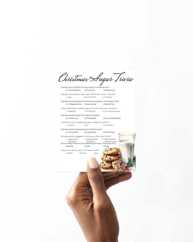 a person holding up a menu with cookies and milk in front of them on a white background