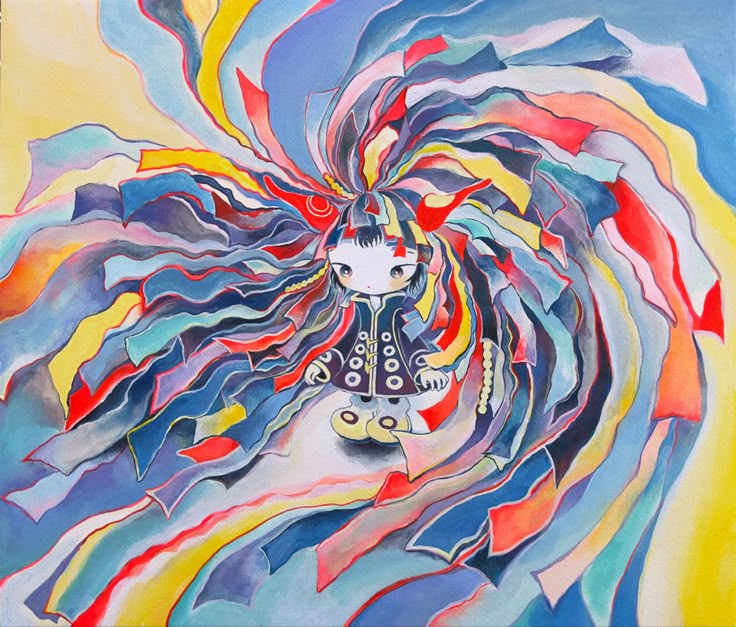 a painting of a woman with long hair and an abstract pattern on her body, in blue, yellow, red, orange, and white colors