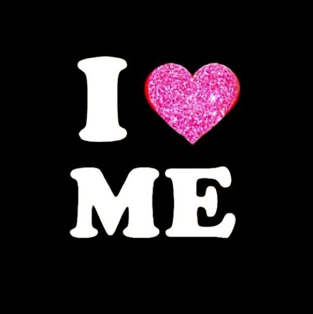 i love me with pink glitter heart on black background