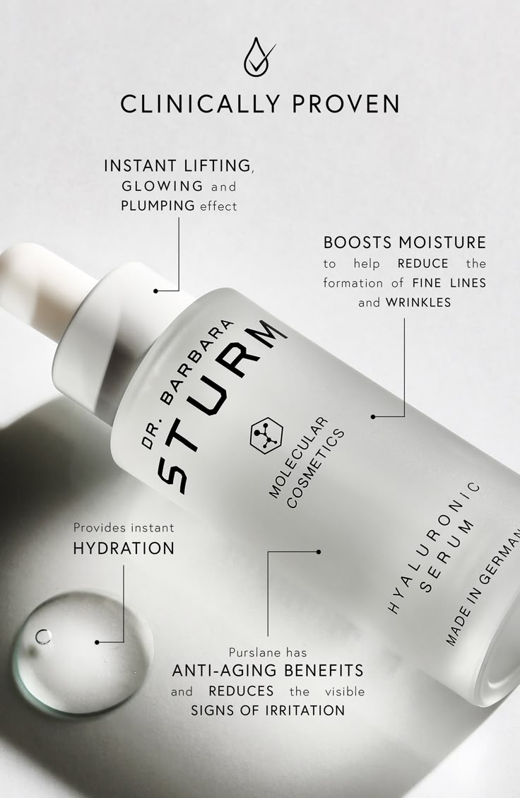 What it is: A serum packed with highly concentrated long- and short-chain hyaluronic molecules that provide intensive hydration to skin. What it does: This serum functions as a super boost against wrinkles. It has an instant effect, giving you tangibly firmer, intensively hydrated skin that leaves you looking refreshed and radiant. The serum can be easily dispensed using the practical pipette bottle, making it perfect for daily use, as an intensive treatment or when traveling. Whether using befo Serum Branding, Scientific Skincare, Barbara Sturm Skincare, Skincare Package Design, Serum Bottle Design, Medical Skincare, Skincare Serum, Serum Design, Skin Care Product