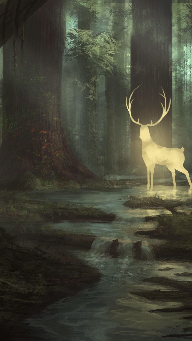 a white deer standing in the middle of a forest next to a stream and trees