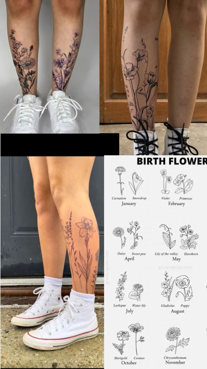 the legs are covered with tattoos and flowers