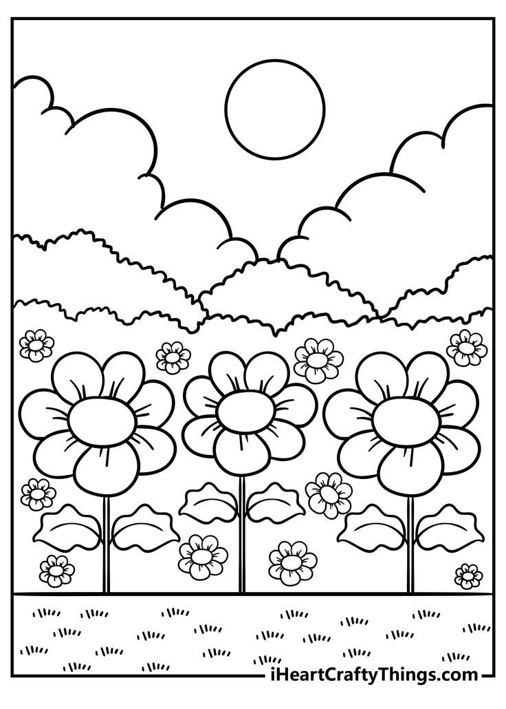 a coloring page with flowers and clouds in the background