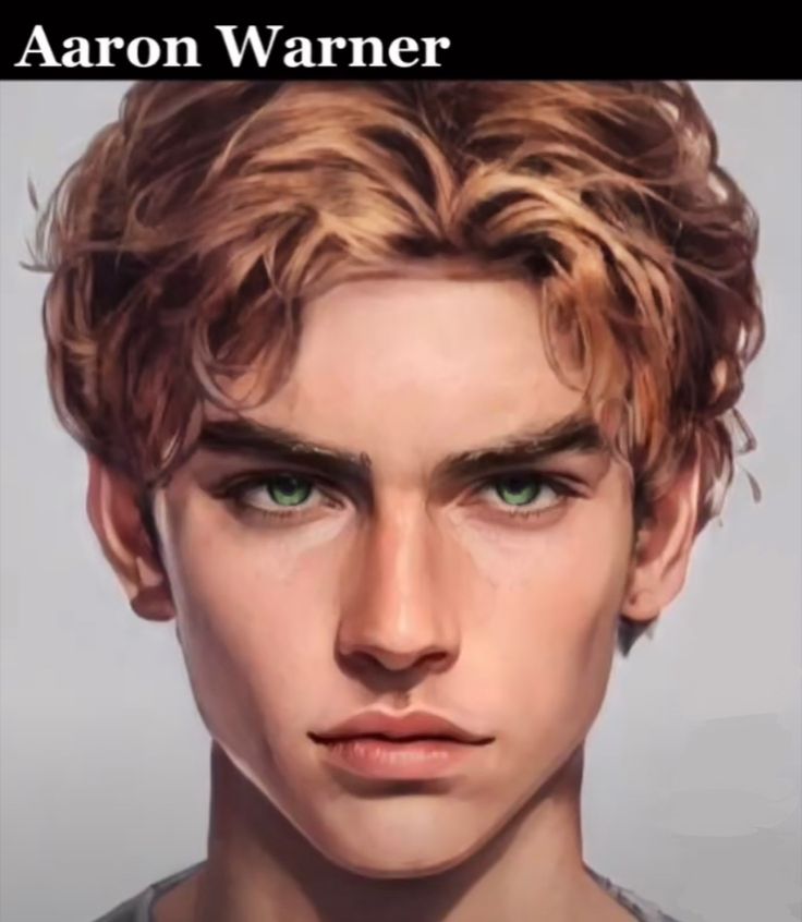 an artist's rendering of a young man with curly hair and green eyes is shown