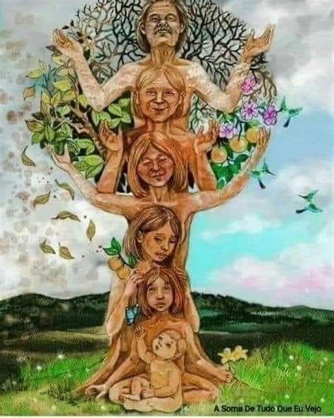 an image of a tree with four people on it and flowers growing out of the trunk