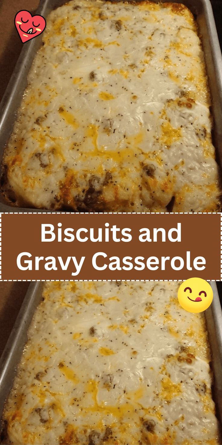 two rectangular casserole pans with biscuits and gravy on them, one has an emoticive smiley face