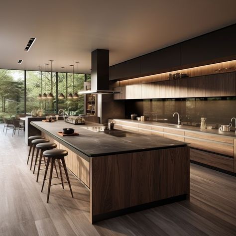 a large kitchen with wooden cabinets and counter tops next to a dining room table filled with chairs