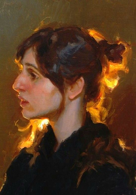 an oil painting of a woman's head with hair in buns and black shirt