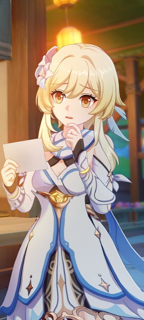 an anime character holding a piece of paper in her hand and looking at the camera