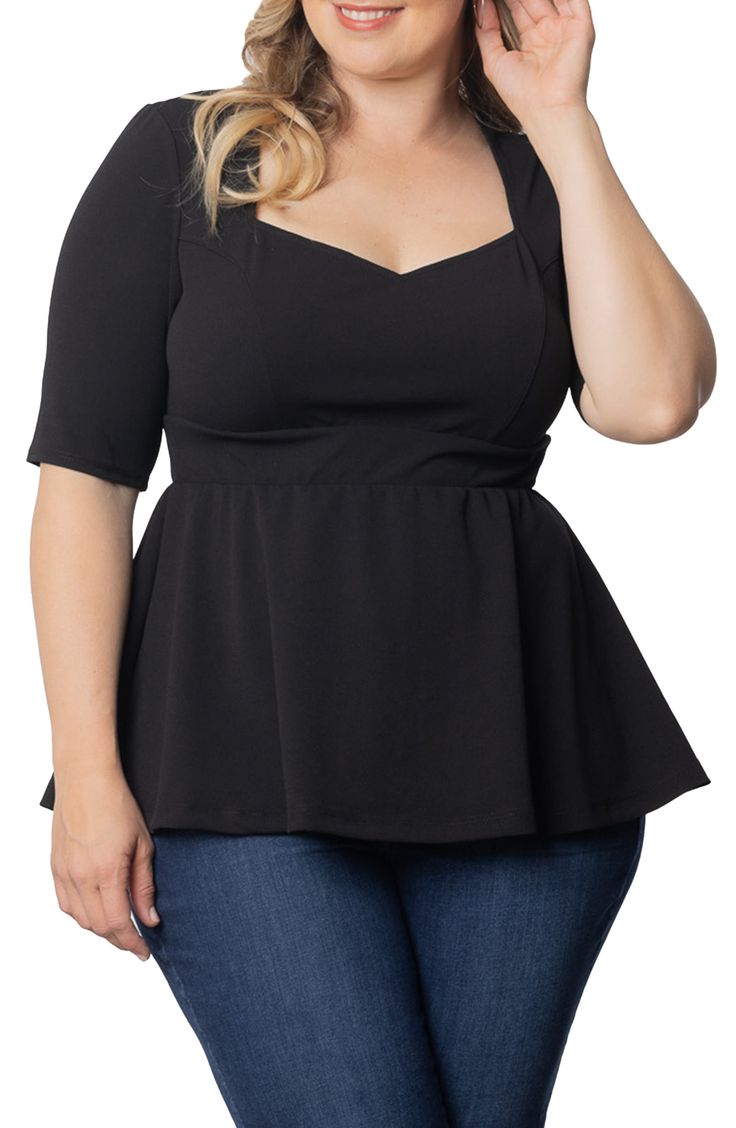 This versatile top is framed by elbow-length sleeves and features a flouncy peplum that moves when you walk. 27 1/2" (size 1X) Sweetheart neck Elbow-length sleeves 95% polyester, 5% spandex Machine wash, dry flat Made in the USA of imported fabric Peplum Top For Jeans, Plus Size Rectangle Body Shape Outfits, Peplum Top Outfits Dressy, Big Chested Outfits, Clothes For Pear Shaped Women, Small Chest Outfits, Big Belly Outfits Plus Size, Top For Plus Size Women, Plus Size Women Outfits