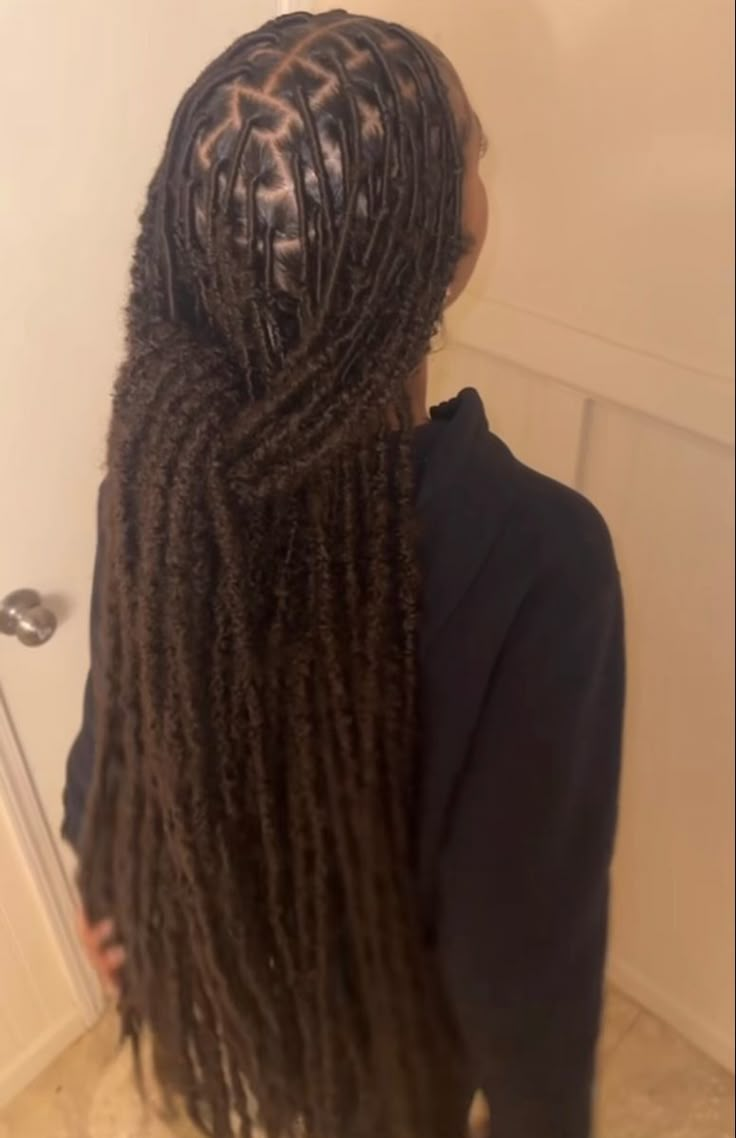 36 Inch Soft Locs Styles, Long Butterfly Locs With Color 30, Large Part Faux Locs Black Women, Styles For Fox Locs, Middle Part Faux Locs, Medium Knotless Soft Locs, Loc Ideas Black Women, Soft Locs Straight, 24in Soft Locs Hairstyles