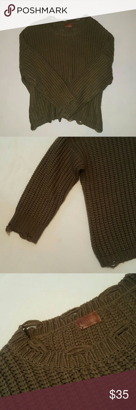 POL Distressed Sweater Great condition POL distressed olive green sweater.   This sweater is distressed at the collar, sleeves and bottom.  It is a boxy sweater.  Size small.  100% acrylic.   Armpit to armpit: 29"  Length: 24" Width: 27" Offers welcome! POL Sweaters Distressed Sweater, Olive Green Sweater, Distressed Sweaters, Boxy Sweater, Green Sweater, Olive Green, Collar, Fashion Design, Green