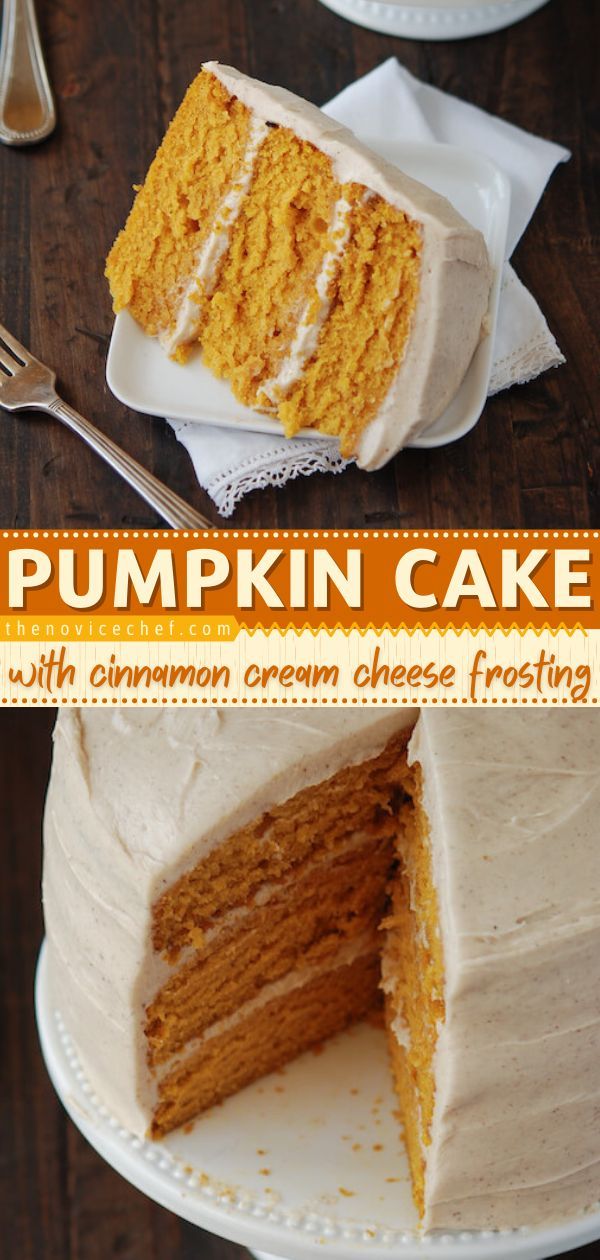 Pumpkin Cake with Cinnamon Cream Cheese Frosting, fall food, pumpkin recipes Pumpkin Dream, Maple Cream Cheese Frosting, The Novice Chef, Maple Cream Cheese, Cake With Cinnamon, Novice Chef, Pumpkin Cake Recipes, Maple Cream, White Frosting