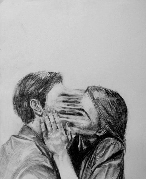 a pencil drawing of two people kissing each other with their faces covered by the hands