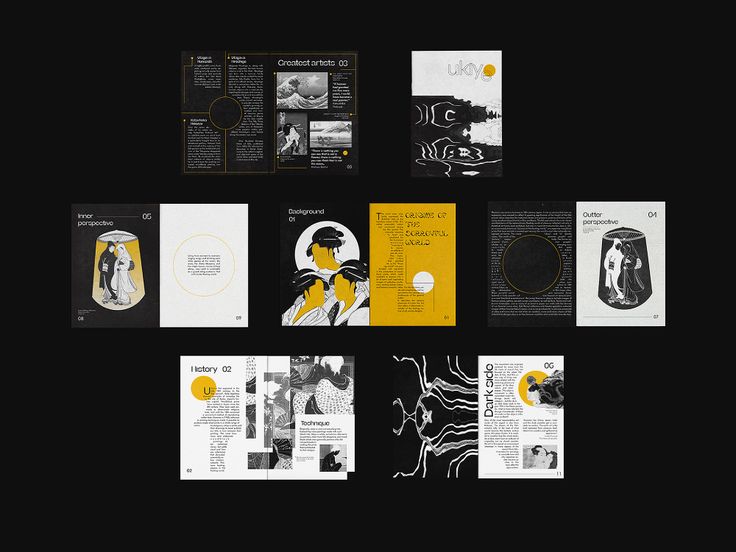 an assortment of brochures with black and yellow designs