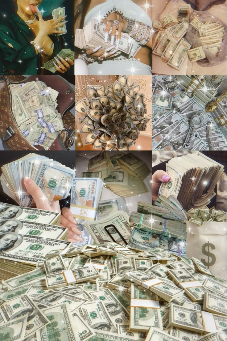 the collage shows many different images of money