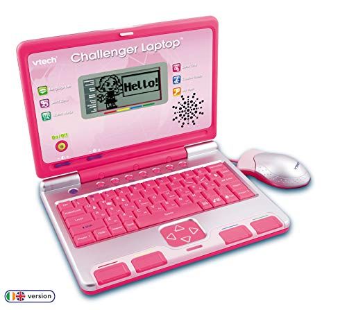 an open laptop computer sitting on top of a white surface with a pink keyboard and mouse