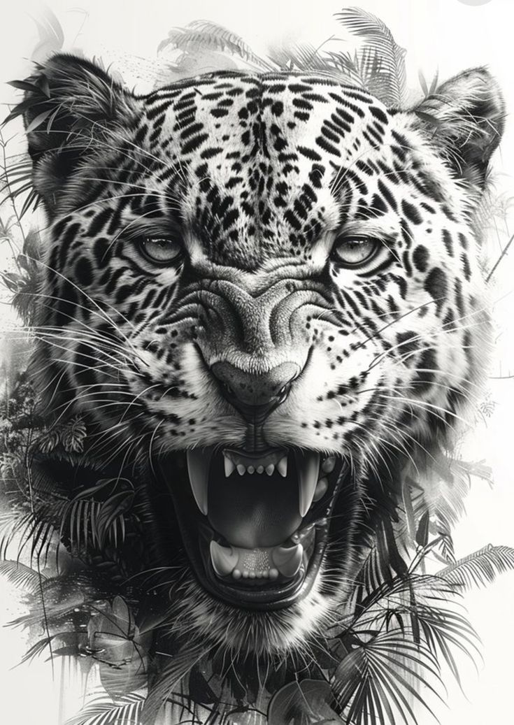 a black and white photo of a leopard's face with its mouth open showing teeth