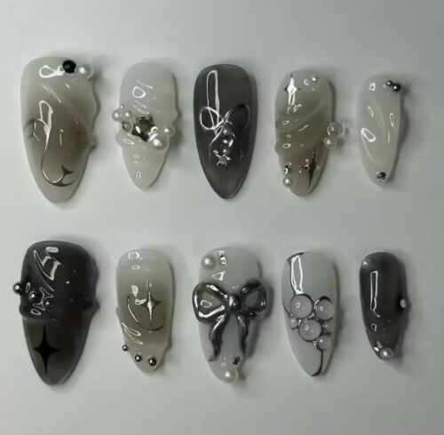 24pcs Almond Shape press on nails handmade  | eBay Simple Gel X Nails Design, Handmade Press On Nails, Goth Gel Nails, Press On Nails Aesthetic, Idol Nails, Almond Press On Nails, Nail Aesthetic, November Nails, Colorful Nails