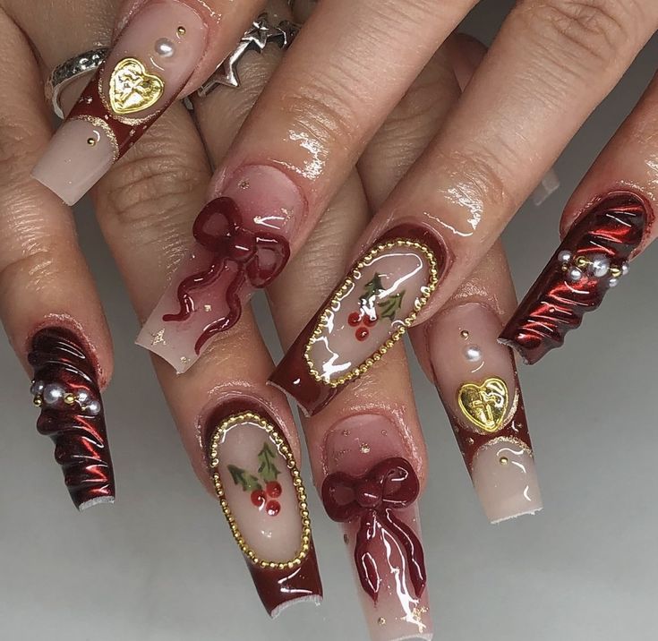 Maroon Nails, Girly Acrylic Nails, Unique Acrylic Nails, Bling Acrylic Nails, Nail Jewelry, Xmas Nails, Funky Nails, Pretty Acrylic Nails, Best Acrylic Nails