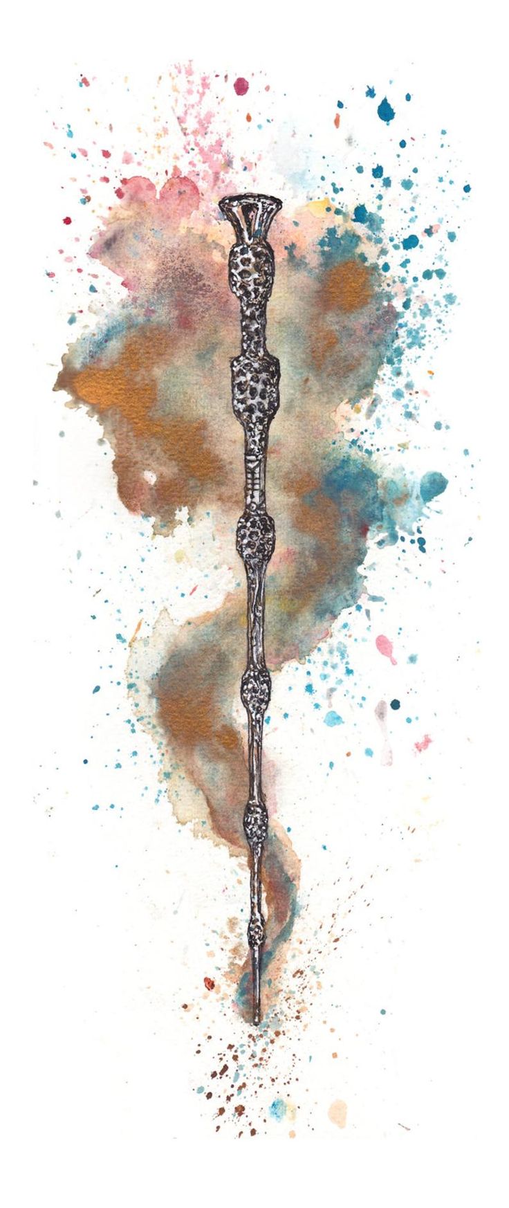 a watercolor drawing of a metal object with paint splattered on it's surface