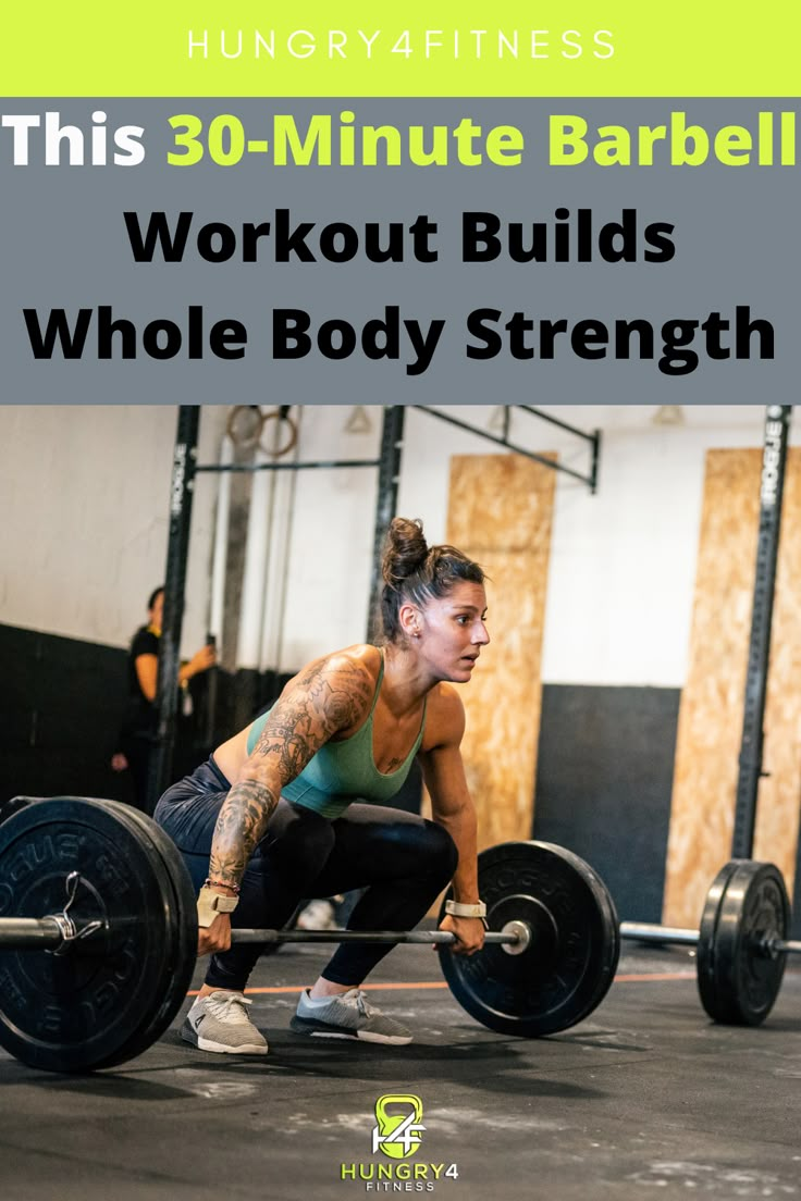 A CrossFit athlete performing a snatch as part of a 30 minute barbell workout. Barbell Weight Workout, Heavy Workout For Women, 30 Minute Workout Gym Beginner, Whole Body Gym Workout Women, Barbell Hiit Workout, 30 Minute Weight Lifting Workout, Women Barbell Workout, Barbell Workout Mens, Barbell Full Body Workout For Women