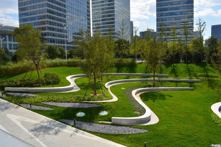 an aerial view of a park in the middle of a city with skyscrapers behind it