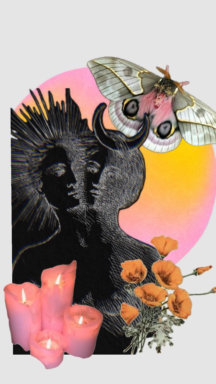 an image of a woman with flowers and candles in front of her face, surrounded by butterflies