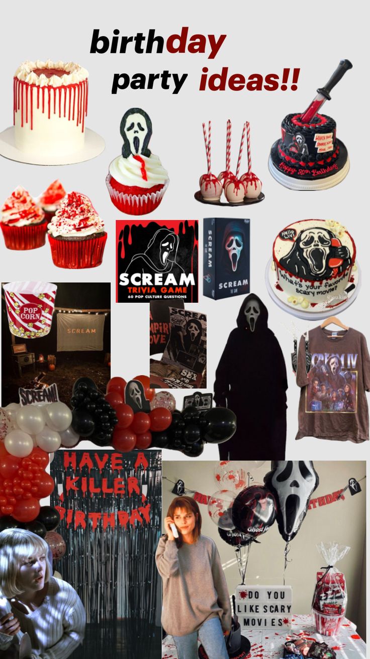 a collage of birthday party items including cake, balloons, and other decorations with the words scream on them