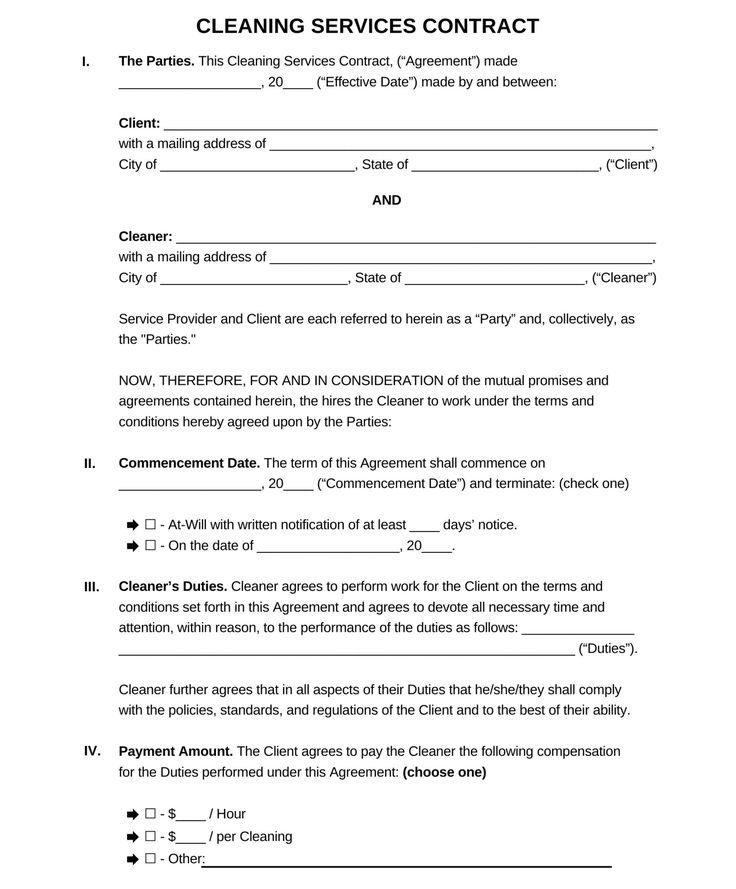 the cleaning services contract form is shown