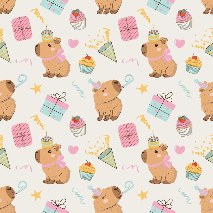 seamless pattern with bear and cupcakes on white background