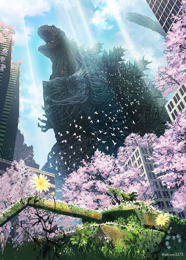 an image of godzilla in the city surrounded by cherry blossoms