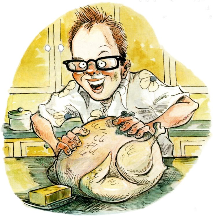 a drawing of a man holding a large turkey in his hands and smiling at the camera