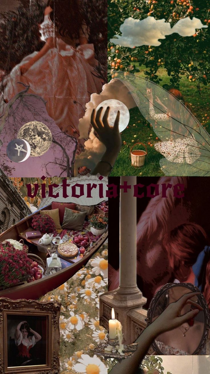 the collage has pictures of women and flowers on it, including an umbrella with words that read victorian fiction